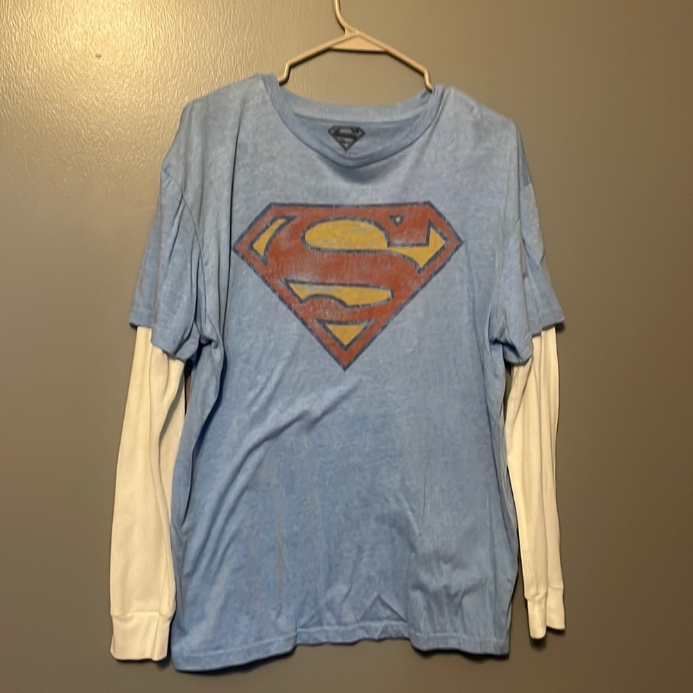 Men Superman long sleeve t shirt. Distressed look.